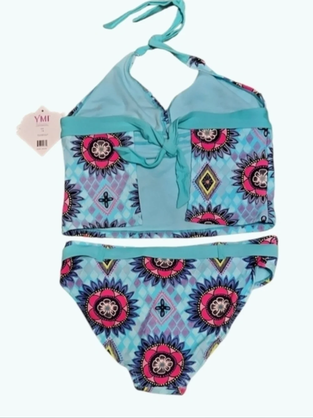 NWT YMI Kids Belted Bikini - Turquoise and Pink Pattern size 14